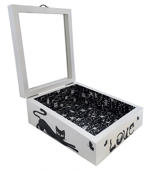 Scatola in legno con coperchio in vetro. Modello : love cat