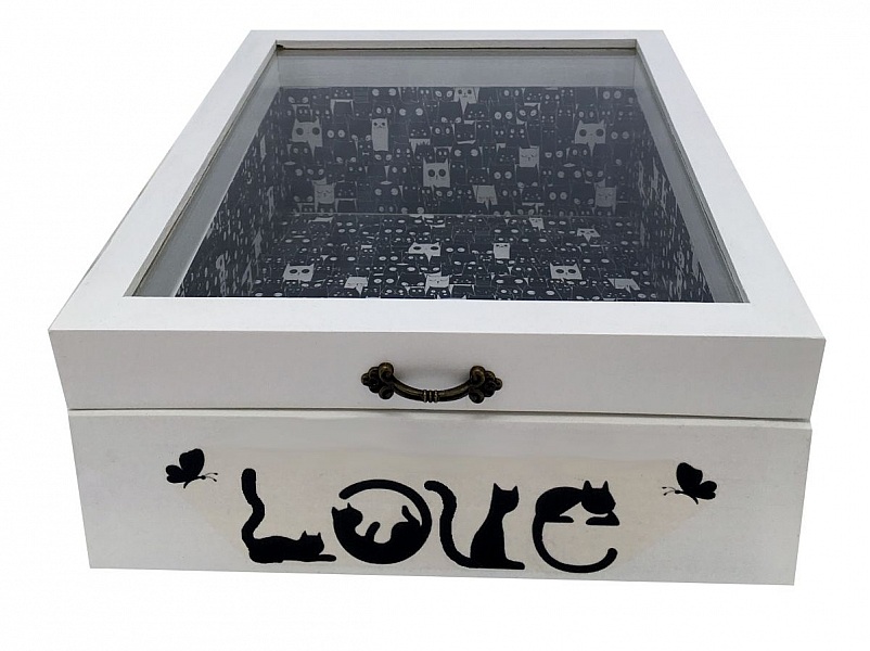 Scatola in legno con coperchio in vetro. Modello : love cat
