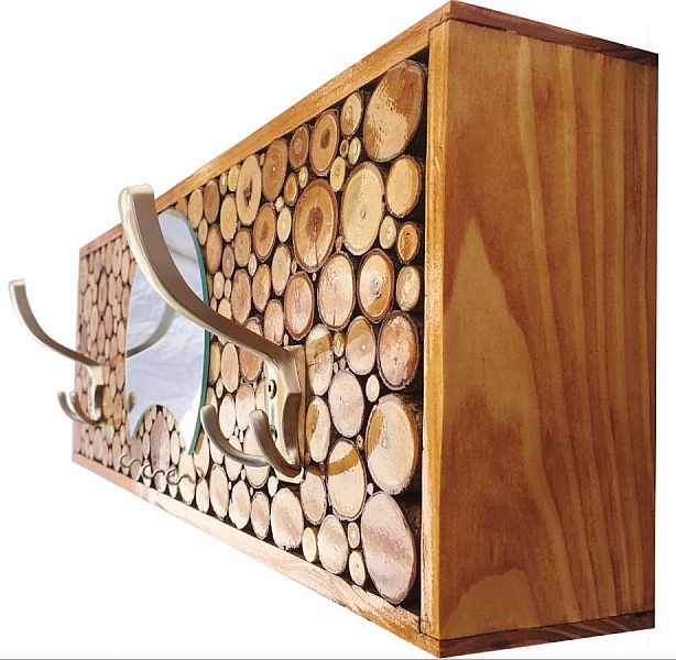 Appendiabiti rettangolare a parete in legno di castagno, 2 ganci tripli e specchio a mezzaluna. 60x20