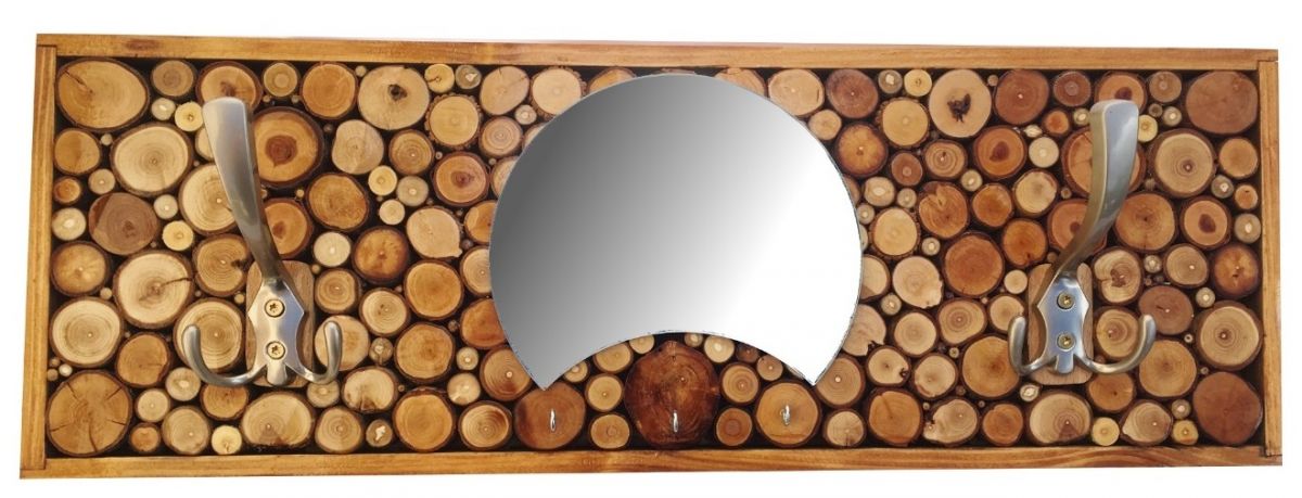 Appendiabiti rettangolare a parete in legno di castagno, 2 ganci tripli e specchio a mezzaluna. 60x20