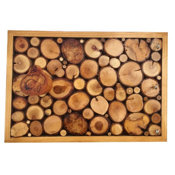 Appendiabiti da parete rettangolare in tronchi di legno color miele con 1 gancio per cappotto e anello portachiavi 30x20 cm