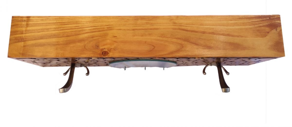 Appendiabiti rettangolare a parete in legno di castagno, 2 ganci tripli e specchio a mezzaluna. 60x20