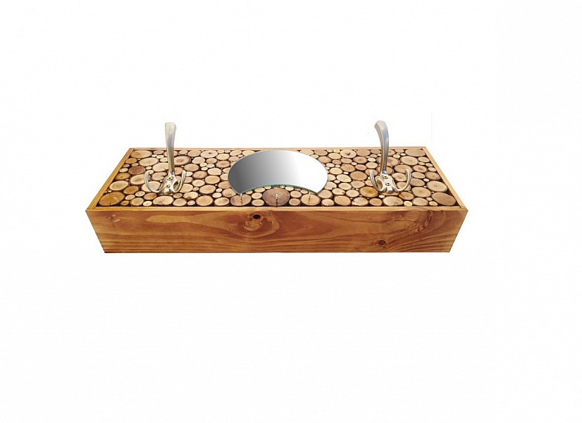 Appendiabiti rettangolare a parete in legno di castagno, 2 ganci tripli e specchio a mezzaluna. 60x20