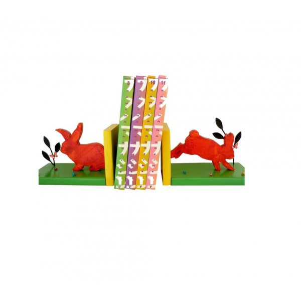 Fermalibro moderno in legno massiccio "Conigli" in pino delle Lande 