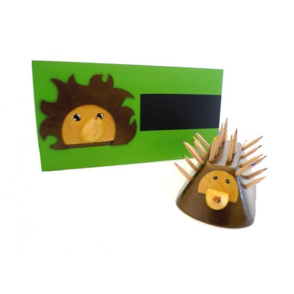 Set in legno per il ritorno a scuola modello: Riccio (portamatite e appendiabiti da parete)