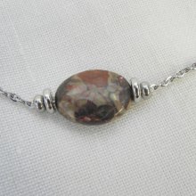 Collana solitario con pietra diaspro ovale e perline in acciaio inossidabile