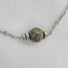 Collana solitario con pietra diaspro rotonda e perline in acciaio inossidabile