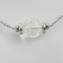 Collana solitario con pietra rotonda in cristallo di rocca e perline in acciaio inossidabile