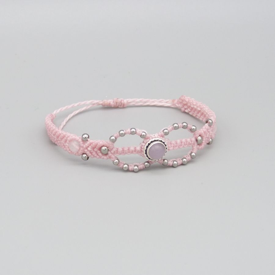 Bracciale in micro-macramé rosa con pietra di quarzo rosa