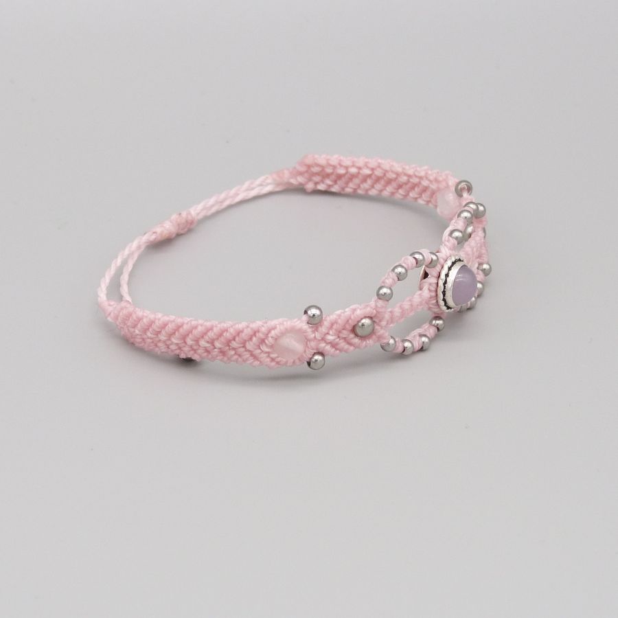 Bracciale in micro-macramé rosa con pietra di quarzo rosa