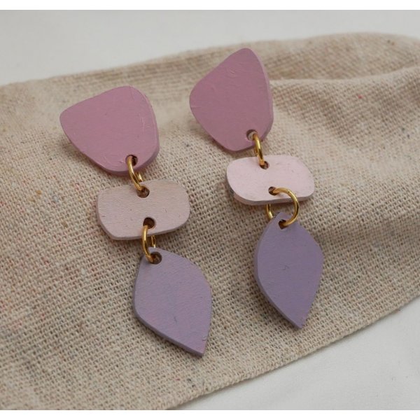 Boucles d'oreilles en bois pastel en 3 parties