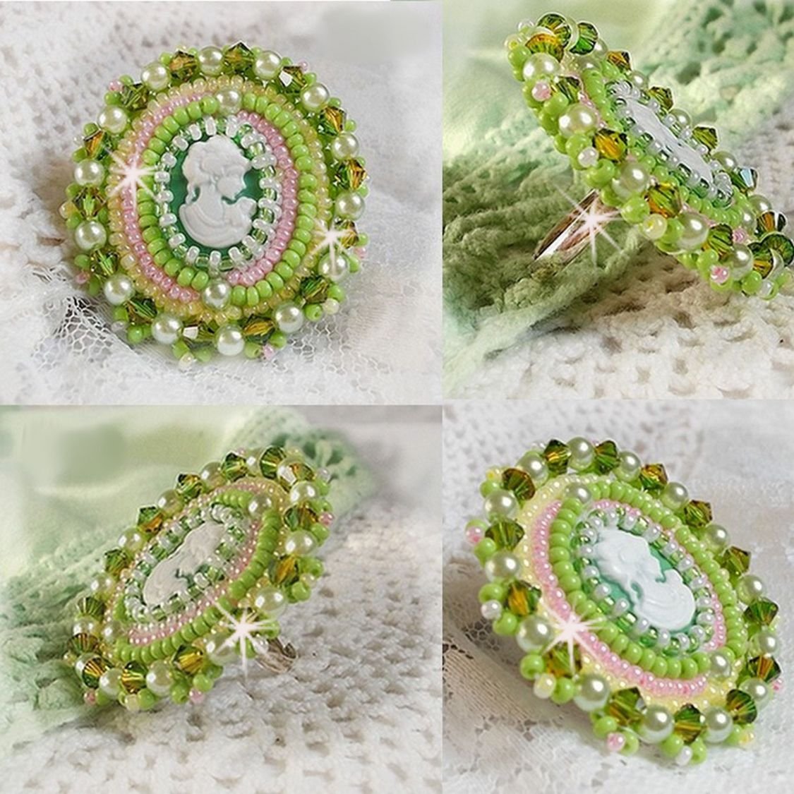 Anello Anisse ricamato con un ritratto di donna in resina cabochon con rose e cristalli Swarovski