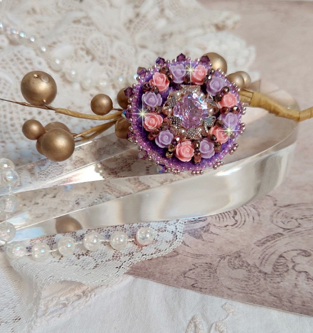 Anello Glace Purple ricamato con cristalli Swarovski e rose in resina