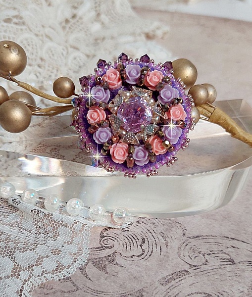Anello Glace Purple ricamato con cristalli Swarovski e rose in resina