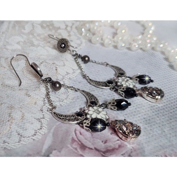 BO Bohochic argent&eacute;es et Noir cr&eacute;es avec des cabochons poire en cristal, breloque &eacute;poxy, poires en verre sur des crochets d'oreilles en argent 925