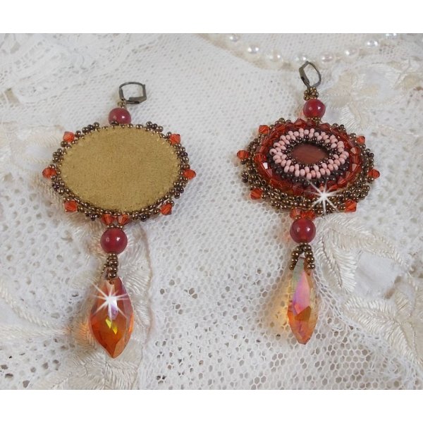 BO Topazio ricamato con dischi di perle color mogano, perline tonde lisce, cristalli Swarovski e perle di semi