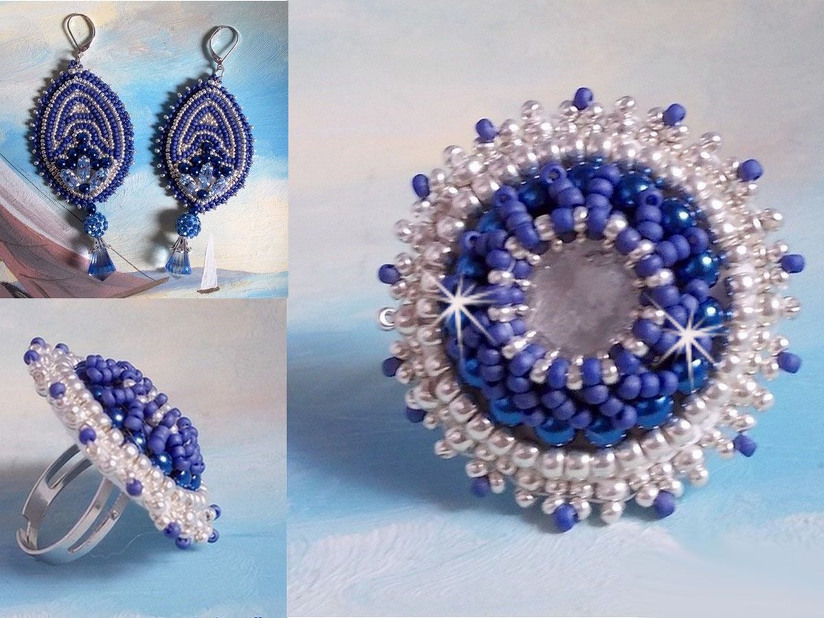 BO Marine Blue ricamato con cristalli Swarovski, perle di vetro rotonde e perline Miyuki