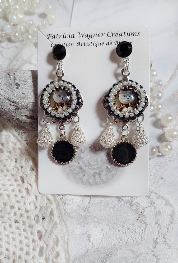 BO Mimichat Steampunk avec cabochons verres, strass, breloques époxy, perles cristal Swarovski et clous argent