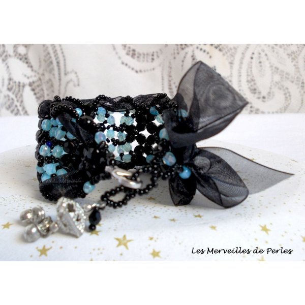 Bracciale Prestige con sfaccettature nere e blu e nastro di organza