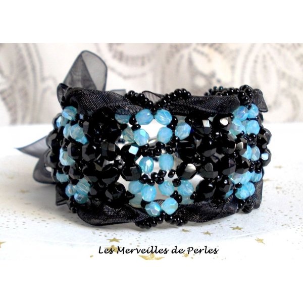 Bracciale Prestige con sfaccettature nere e blu e nastro di organza