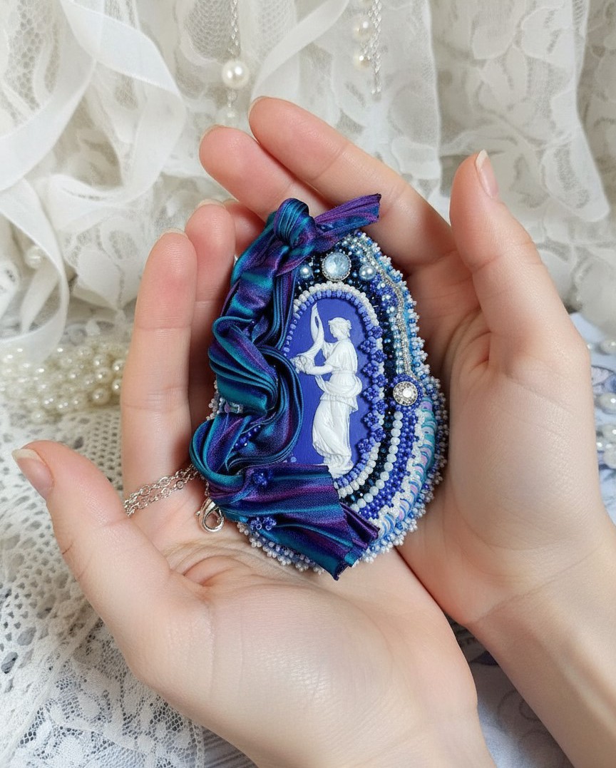 Pendentif Corne d&rsquo;Abondance brod&eacute; avec cabochon porcelaine, soie, sequins, rocailles et perles Cristal Swarovski