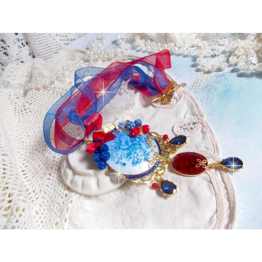 Pendentif Flamenca, cabochon émaillé de fleurs Bleues, roses résines, nacre abalone et jade Rouges, poires Zirconium et cristaux Bleu-Marine, breloques, pendentif résine époxy, un style Flamenco