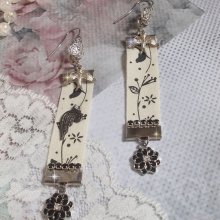 BO Uccelli bianchi e neri creati con nastro con stampa di uccelli bianchi e neri, cristalli, fiori smaltati e accessori di qualità