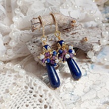BO Cascade Azur cr&eacute;&eacute;es avec pierres de gemme, entretoises et crochets d&rsquo;oreilles en plaqu&eacute; or 24 carats