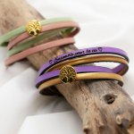 Bracciale in pelle in due colori, personalizzabile con albero della vita cabochon dorato