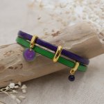 Bracciale duo in pelle con ciondoli dorati e paillettes viola-verdi 