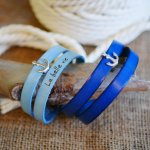 Bracciale in pelle con doppio cinturino, decorazione ad ancora marina, personalizzabile 