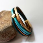 Bracelet manchette multi cuir pour femme tons bleus et doré