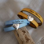 Bracciale doppio in pelle con design a cuore in argento, con possibilità di incidere le vostre parole