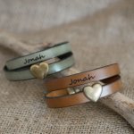 Bracciale a cuore doppio in pelle e bronzo, con possibilità di incidere le vostre parole