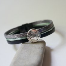 Bracciale a più maglie in pelle con stella di luna cabochon in argento, verde e nero