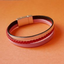 Bracciale in pelle rosso corallo e argento e bracciale in multi-pelle rosa