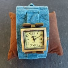 Orologio quadrato con bracciale in pelle blu
