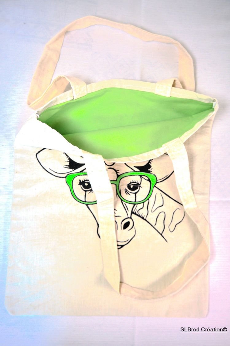 Tote Bag ricamata giraffa occhiali verde personalizzabile