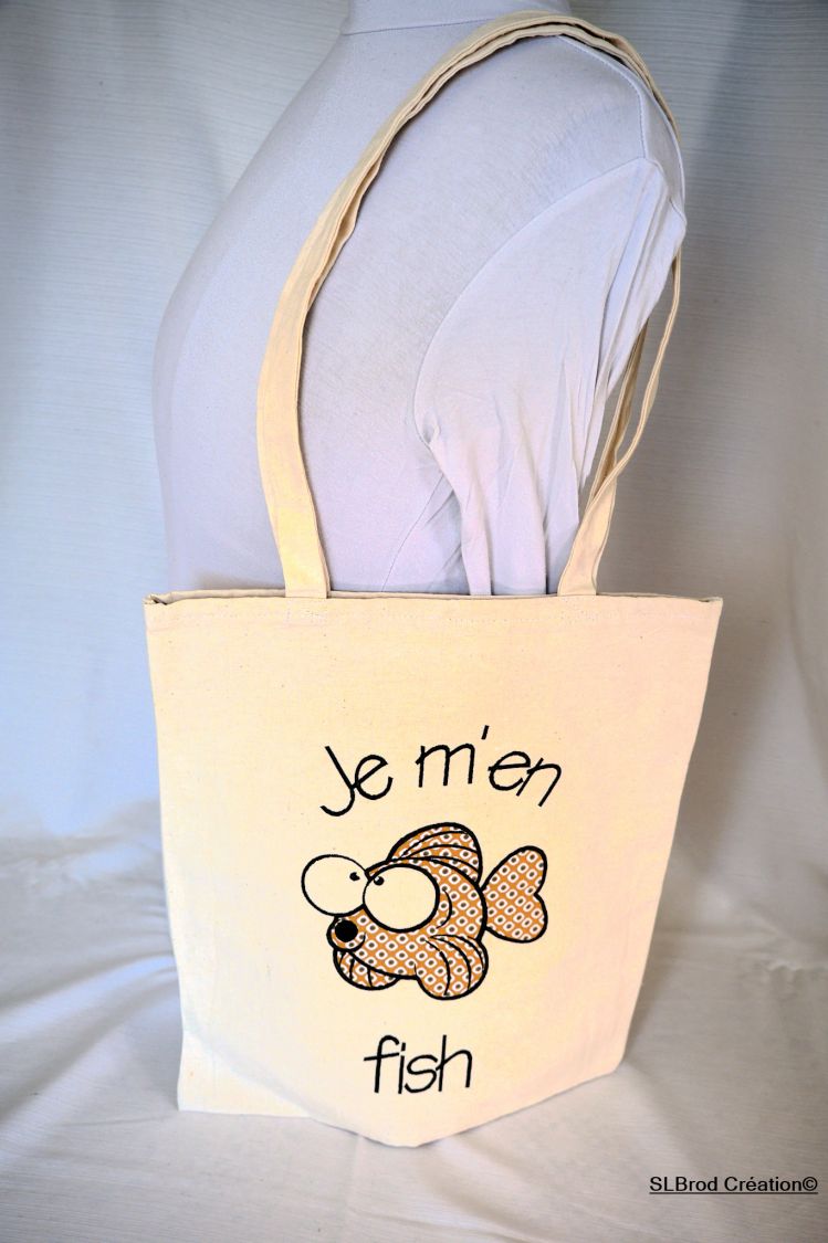 Borsa tote marrone con pesce ricamato