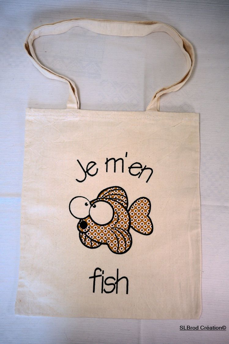 Borsa tote marrone con pesce ricamato