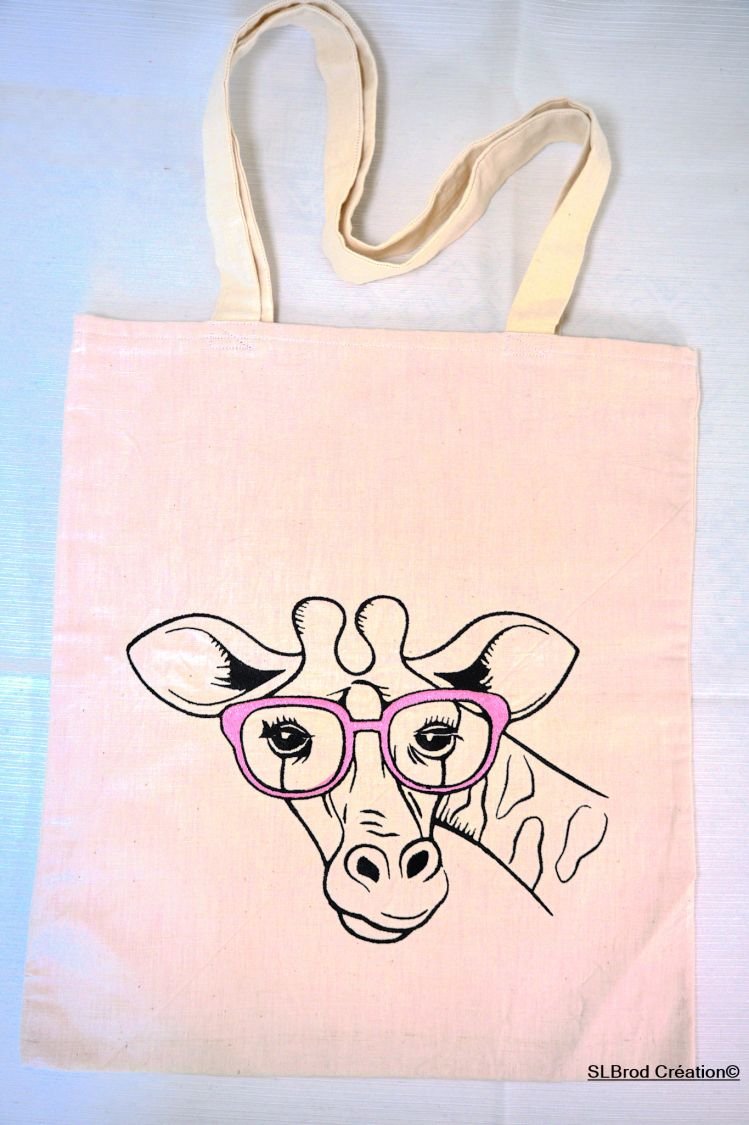 Tote Bag ricamata giraffa con occhiali rosa personalizzabile